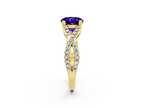 Yellow gold Round Cut Tanzanite Solitaire Ring with Four-Prong Setting and Twisted Pavé Band_2