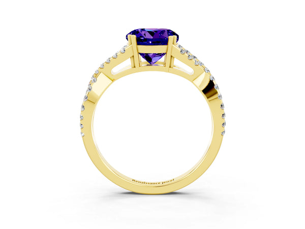 Yellow gold Round Cut Tanzanite Solitaire Ring with Four-Prong Setting and Twisted Pavé Band