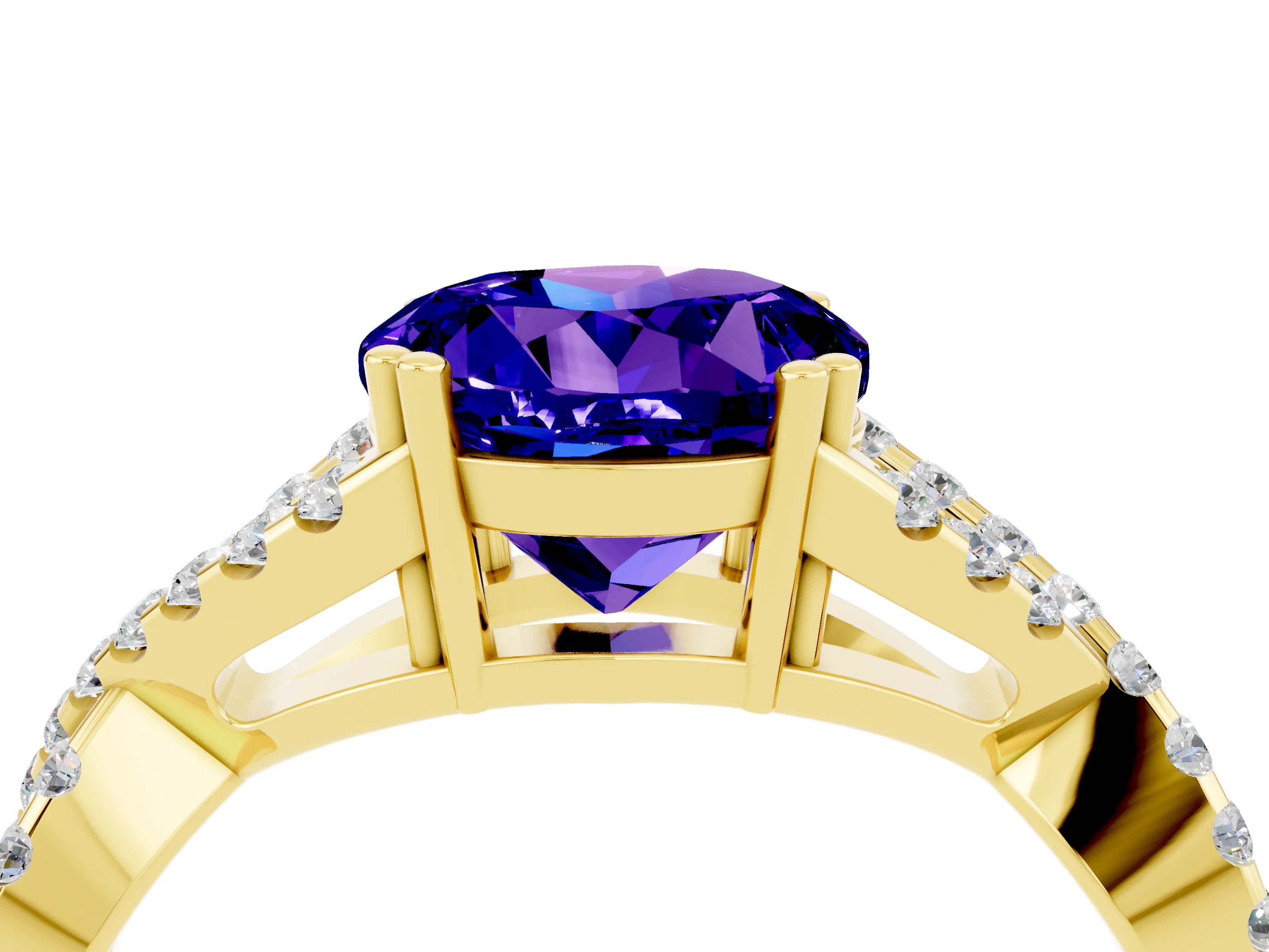 Yellow gold Round Cut Tanzanite Solitaire Ring with Four-Prong Setting and Twisted Pavé Band_4