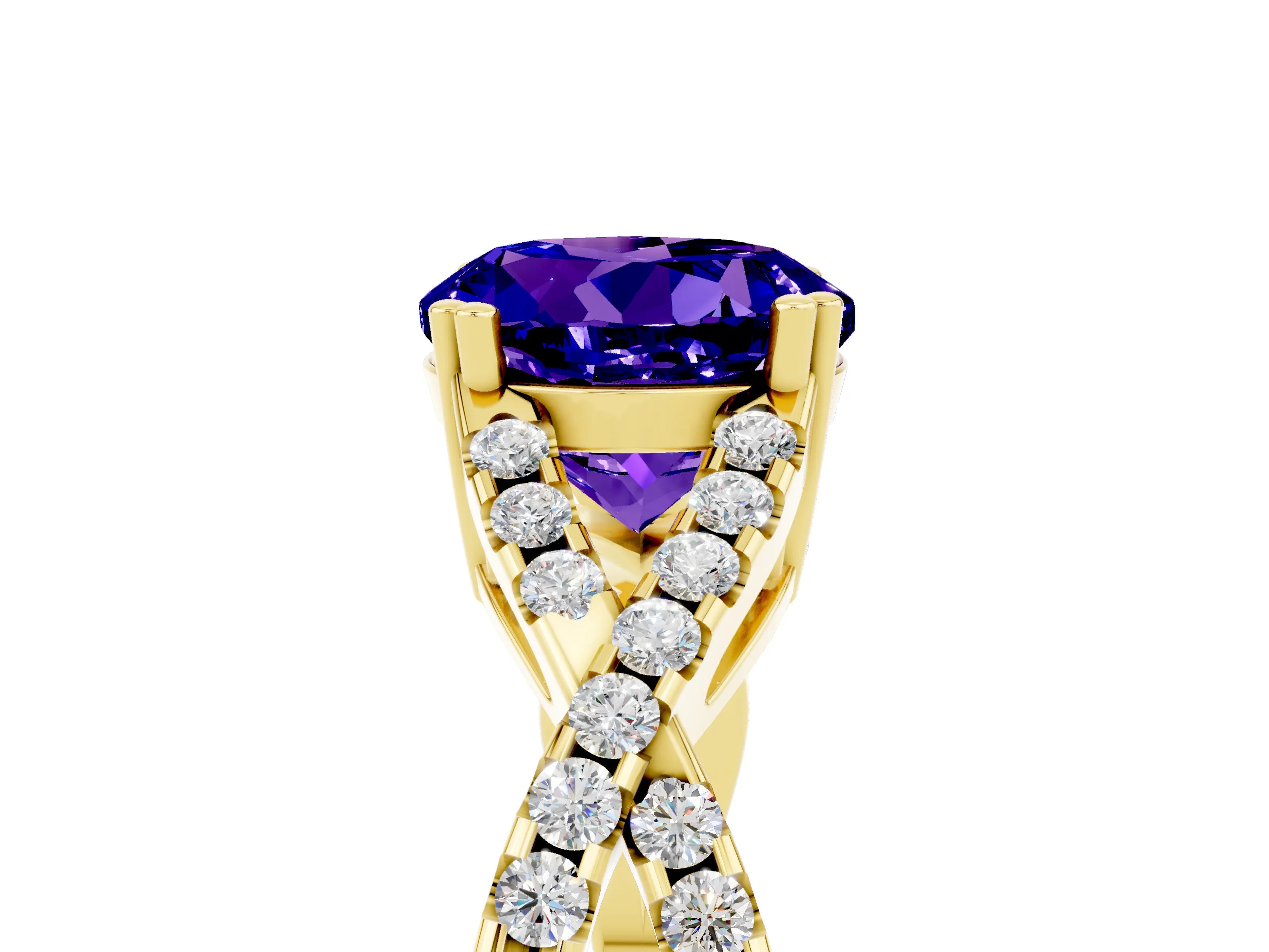 Yellow gold Round Cut Tanzanite Solitaire Ring with Four-Prong Setting and Twisted Pavé Band_5