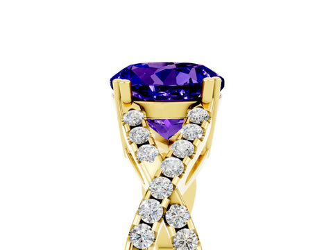 Yellow gold Round Cut Tanzanite Solitaire Ring with Four-Prong Setting and Twisted Pavé Band_5