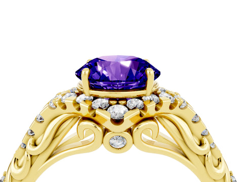 Yellow gold Round Cut Tanzanite Solitaire Ring with Hidden Halo and Pavé Band_16