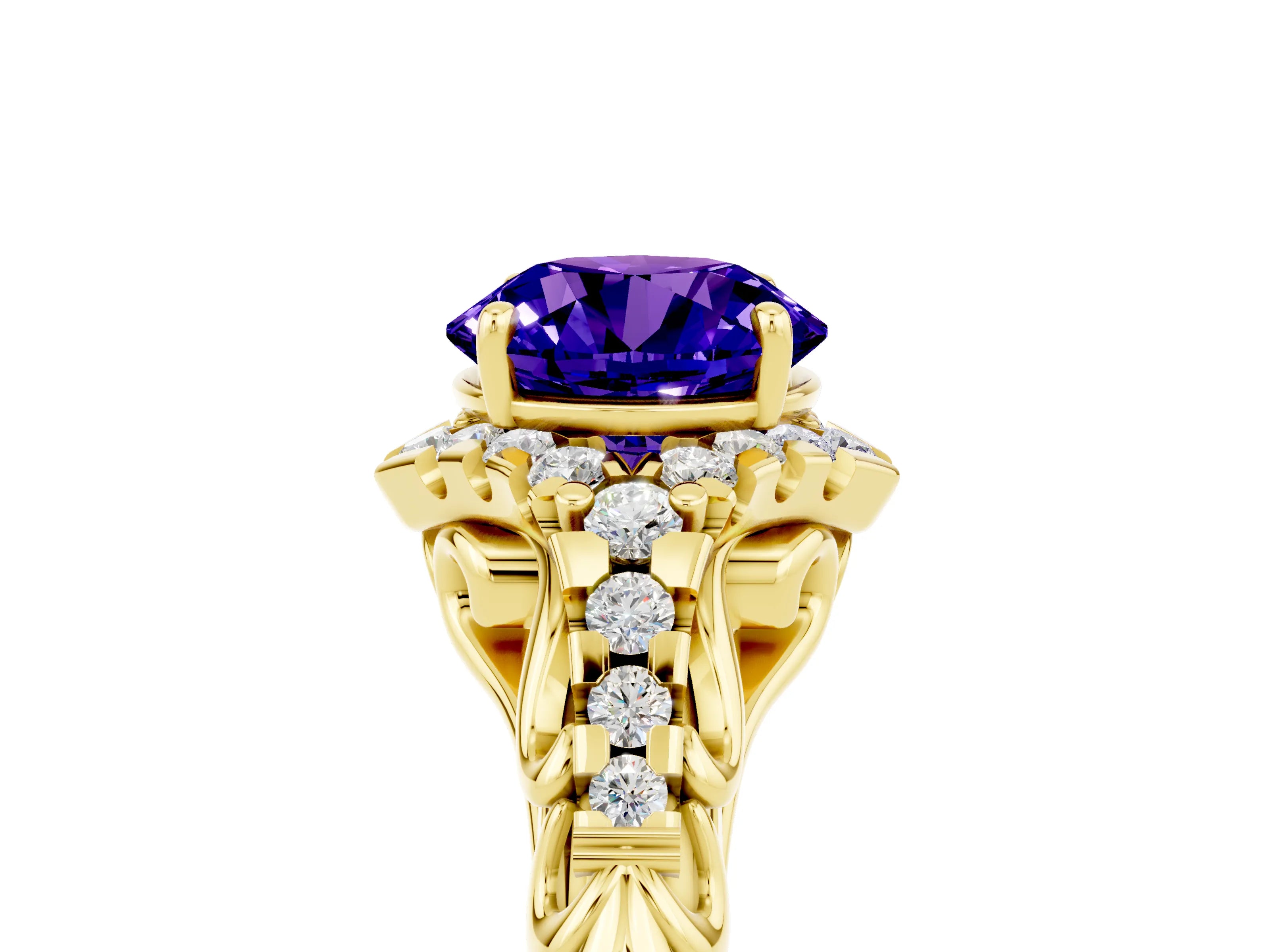 Yellow gold Round Cut Tanzanite Solitaire Ring with Hidden Halo and Pavé Band_17