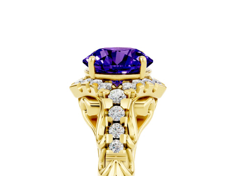 Yellow gold Round Cut Tanzanite Solitaire Ring with Hidden Halo and Pavé Band_17