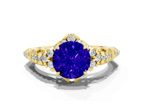 Yellow gold Round Cut Tanzanite Solitaire Ring with Hidden Halo and Pavé Band_23