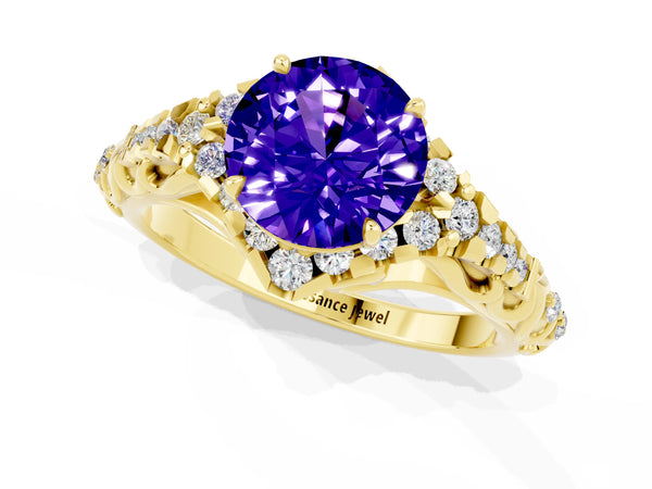 Yellow gold Round Cut Tanzanite Solitaire Ring with Hidden Halo and Pavé Band