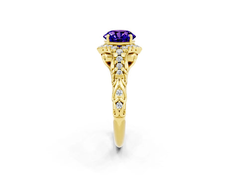 Yellow gold Round Cut Tanzanite Solitaire Ring with Hidden Halo and Pavé Band_25
