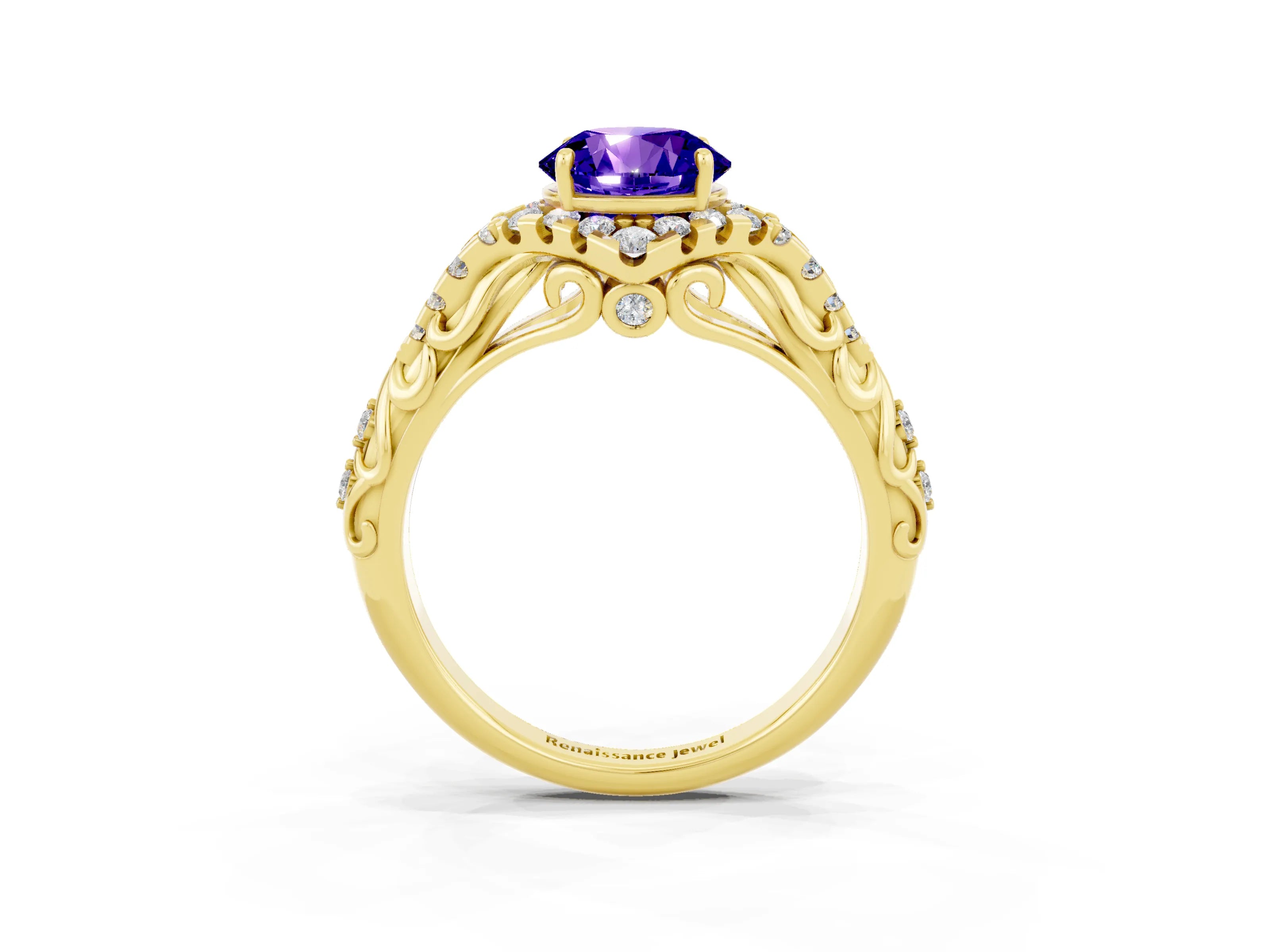 Yellow gold Round Cut Tanzanite Solitaire Ring with Hidden Halo and Pavé Band_26