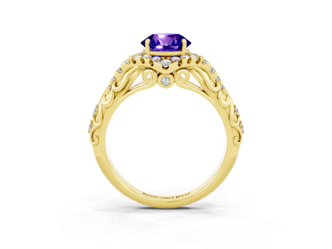 Yellow gold Round Cut Tanzanite Solitaire Ring with Hidden Halo and Pavé Band_26
