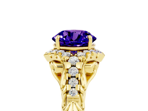 Yellow gold Round Cut Tanzanite Solitaire Ring with Hidden Halo and Pavé Band_28