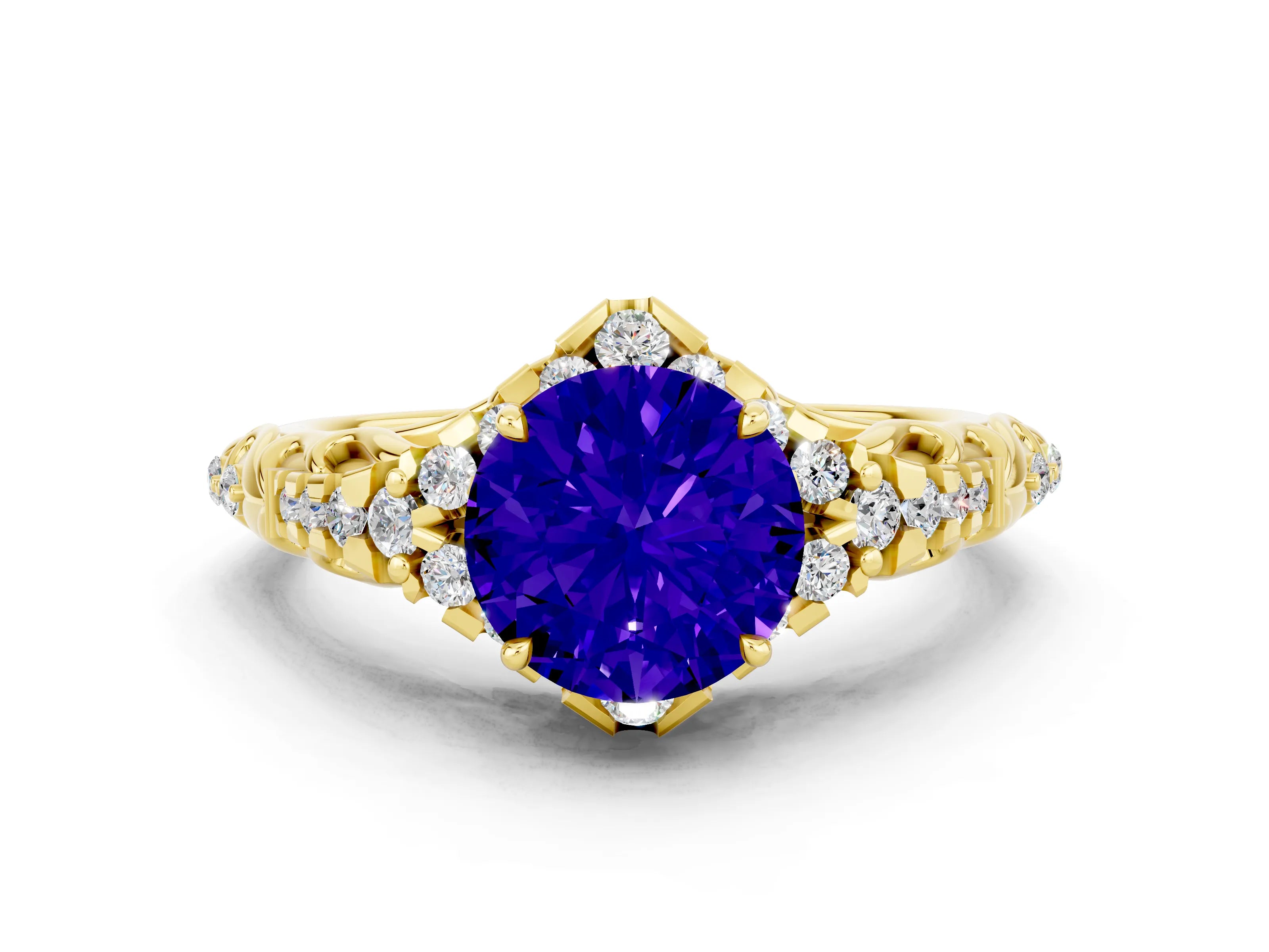 Yellow gold Round Cut Tanzanite Solitaire Ring with Hidden Halo and Pavé Band_35