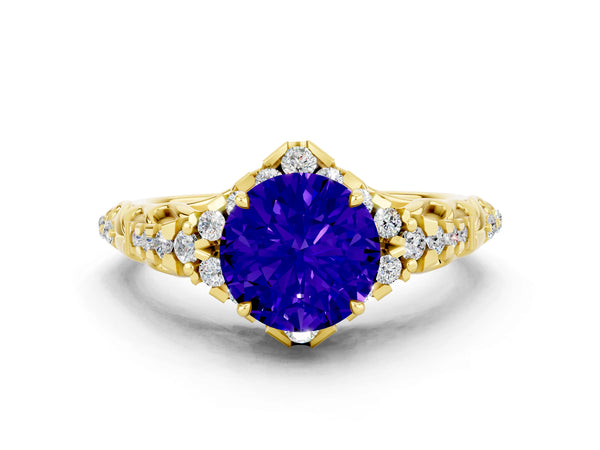 Yellow gold Round Cut Tanzanite Solitaire Ring with Hidden Halo and Pavé Band