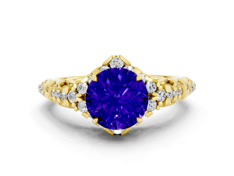 Yellow gold Round Cut Tanzanite Solitaire Ring with Hidden Halo and Pavé Band_35