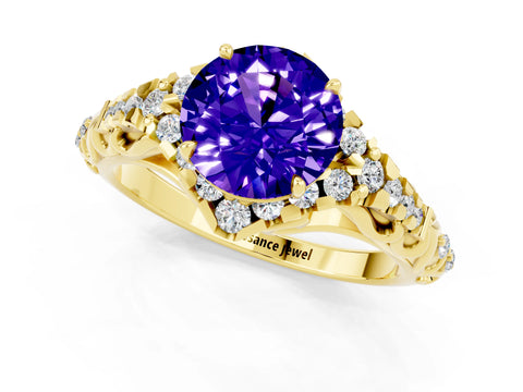 Yellow gold Round Cut Tanzanite Solitaire Ring with Hidden Halo and Pavé Band_36