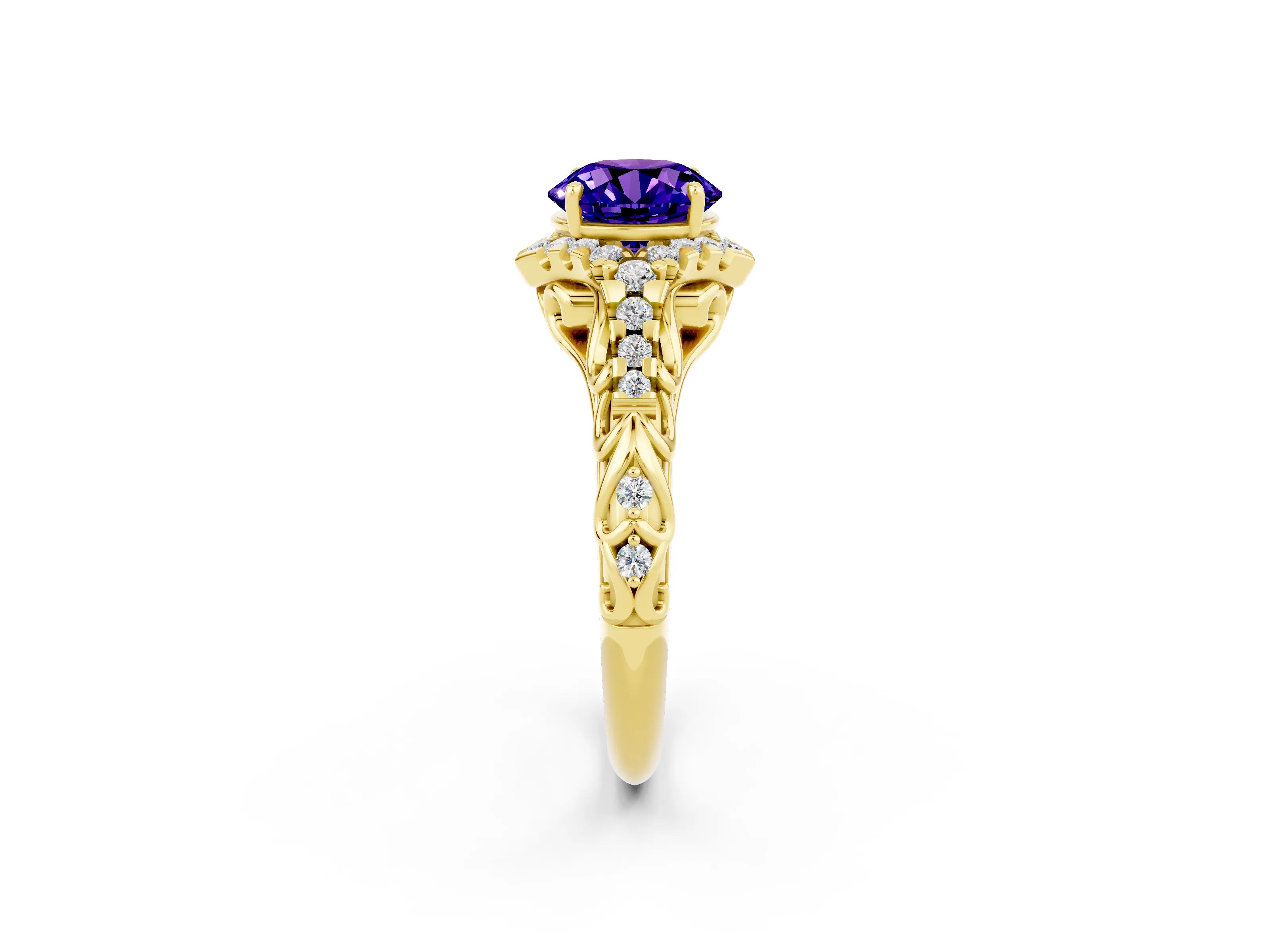 Yellow gold Round Cut Tanzanite Solitaire Ring with Hidden Halo and Pavé Band_37