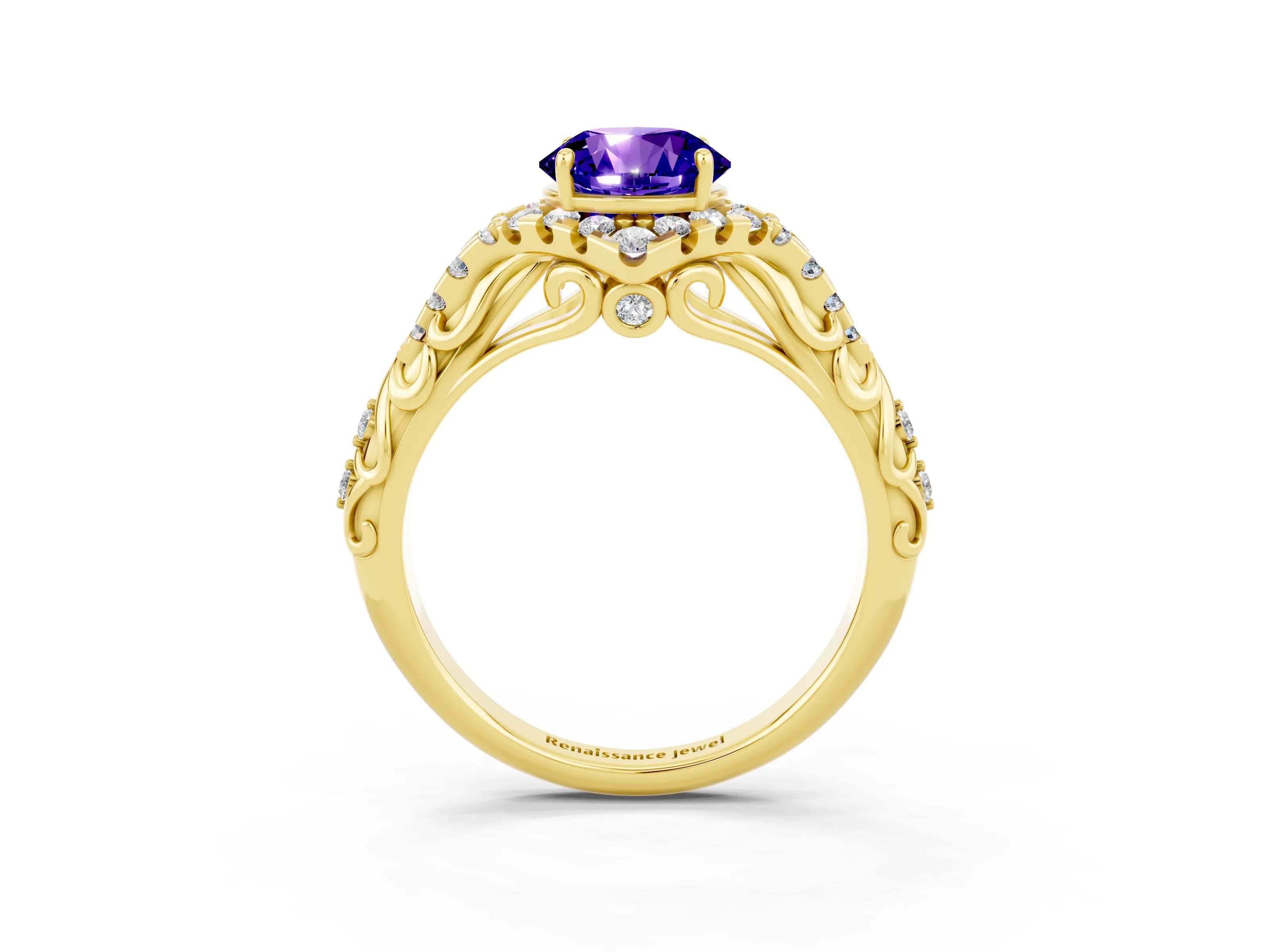 Yellow gold Round Cut Tanzanite Solitaire Ring with Hidden Halo and Pavé Band_38
