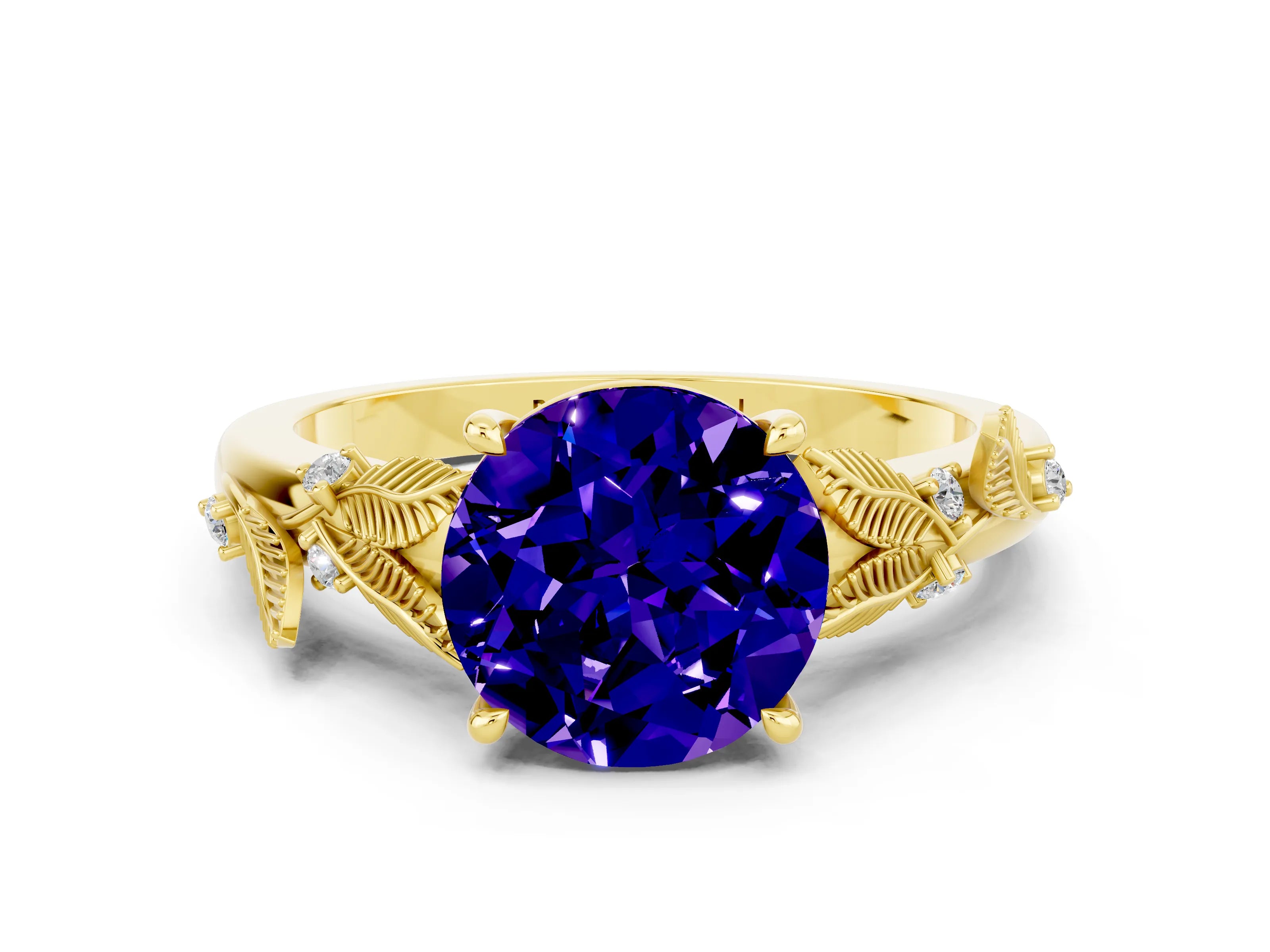 Yellow gold Round Cut Tanzanite Solitaire Ring with Leaf Motif Band and Four-Prong Setting