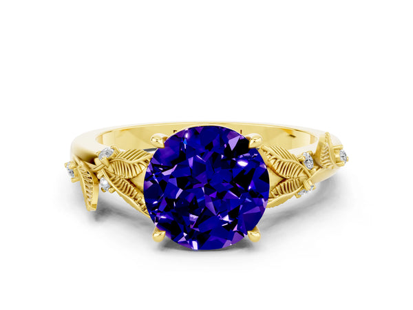 Yellow gold Round Cut Tanzanite Solitaire Ring with Leaf Motif Band and Four-Prong Setting