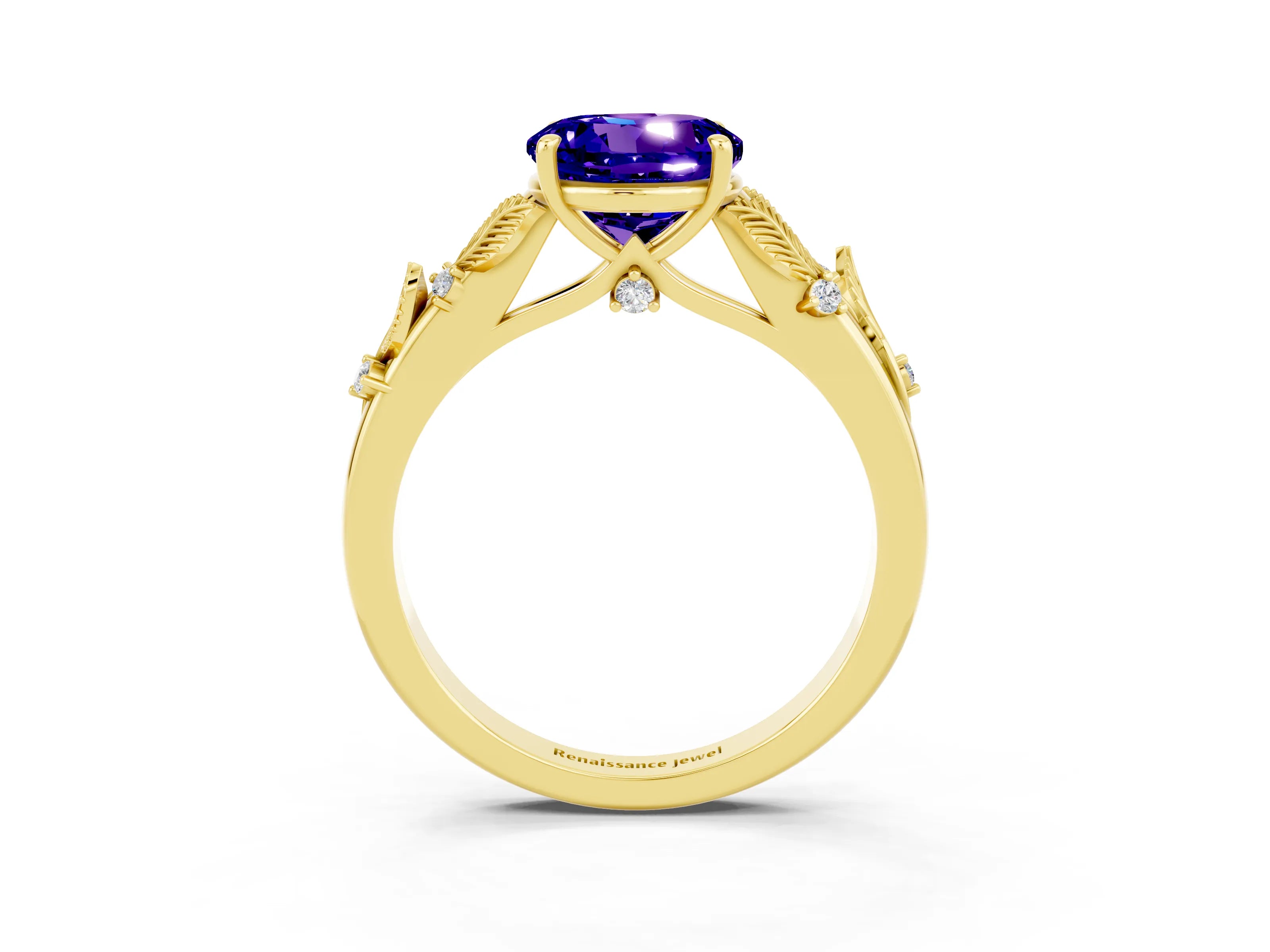 Yellow gold Round Cut Tanzanite Solitaire Ring with Leaf Motif Band and Four-Prong Setting_3