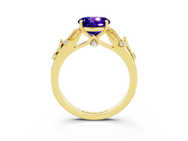 Yellow gold Round Cut Tanzanite Solitaire Ring with Leaf Motif Band and Four-Prong Setting