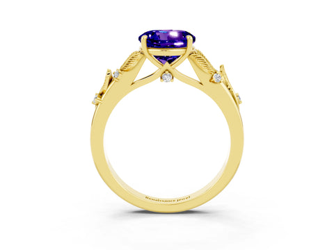 Yellow gold Round Cut Tanzanite Solitaire Ring with Leaf Motif Band and Four-Prong Setting_3