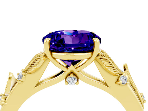 Yellow gold Round Cut Tanzanite Solitaire Ring with Leaf Motif Band and Four-Prong Setting_4