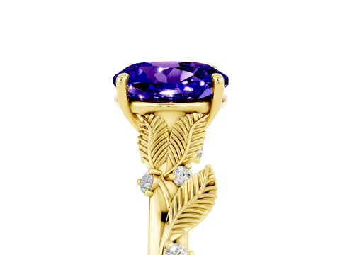 Yellow gold Round Cut Tanzanite Solitaire Ring with Leaf Motif Band and Four-Prong Setting_5