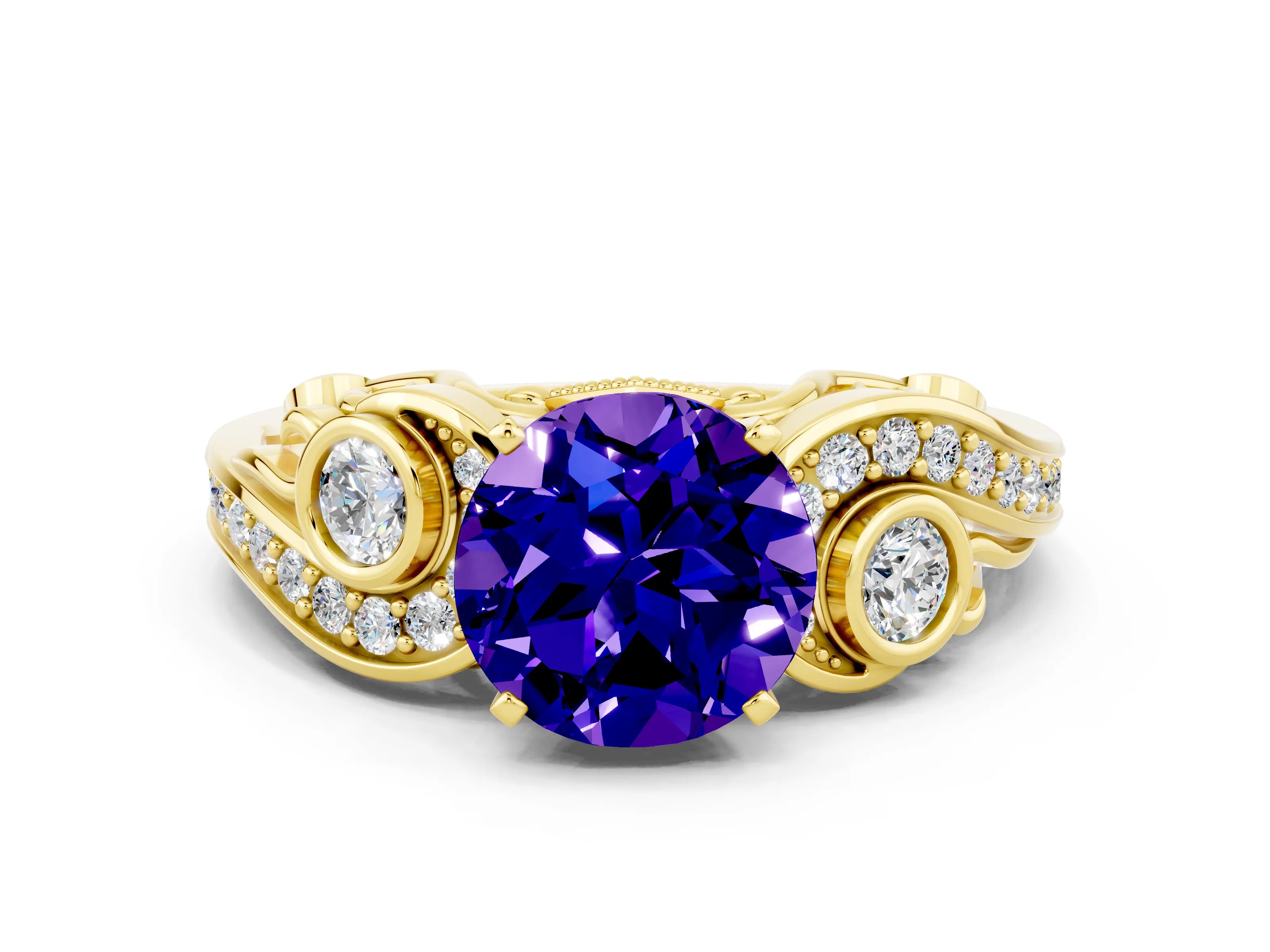 Yellow gold Round Cut Tanzanite Solitaire Ring with Milgrain Pavé Band and Four-Prong Setting_24