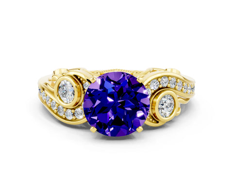 Yellow gold Round Cut Tanzanite Solitaire Ring with Milgrain Pavé Band and Four-Prong Setting_24