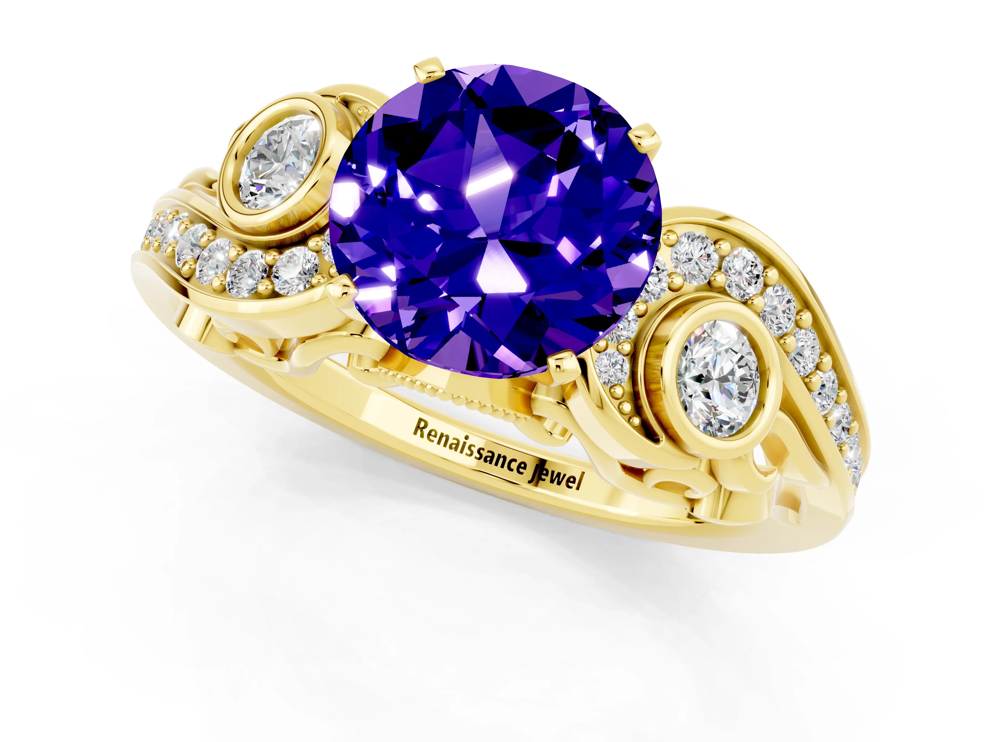 Yellow gold Round Cut Tanzanite Solitaire Ring with Milgrain Pavé Band and Four-Prong Setting_25