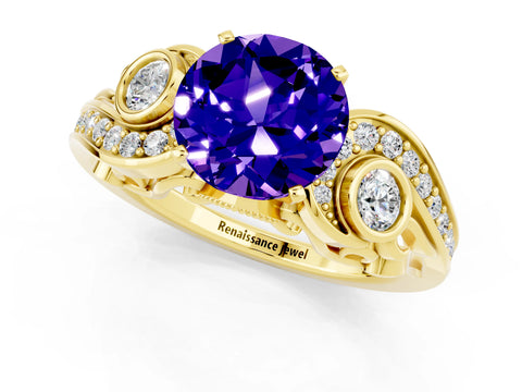 Yellow gold Round Cut Tanzanite Solitaire Ring with Milgrain Pavé Band and Four-Prong Setting_25