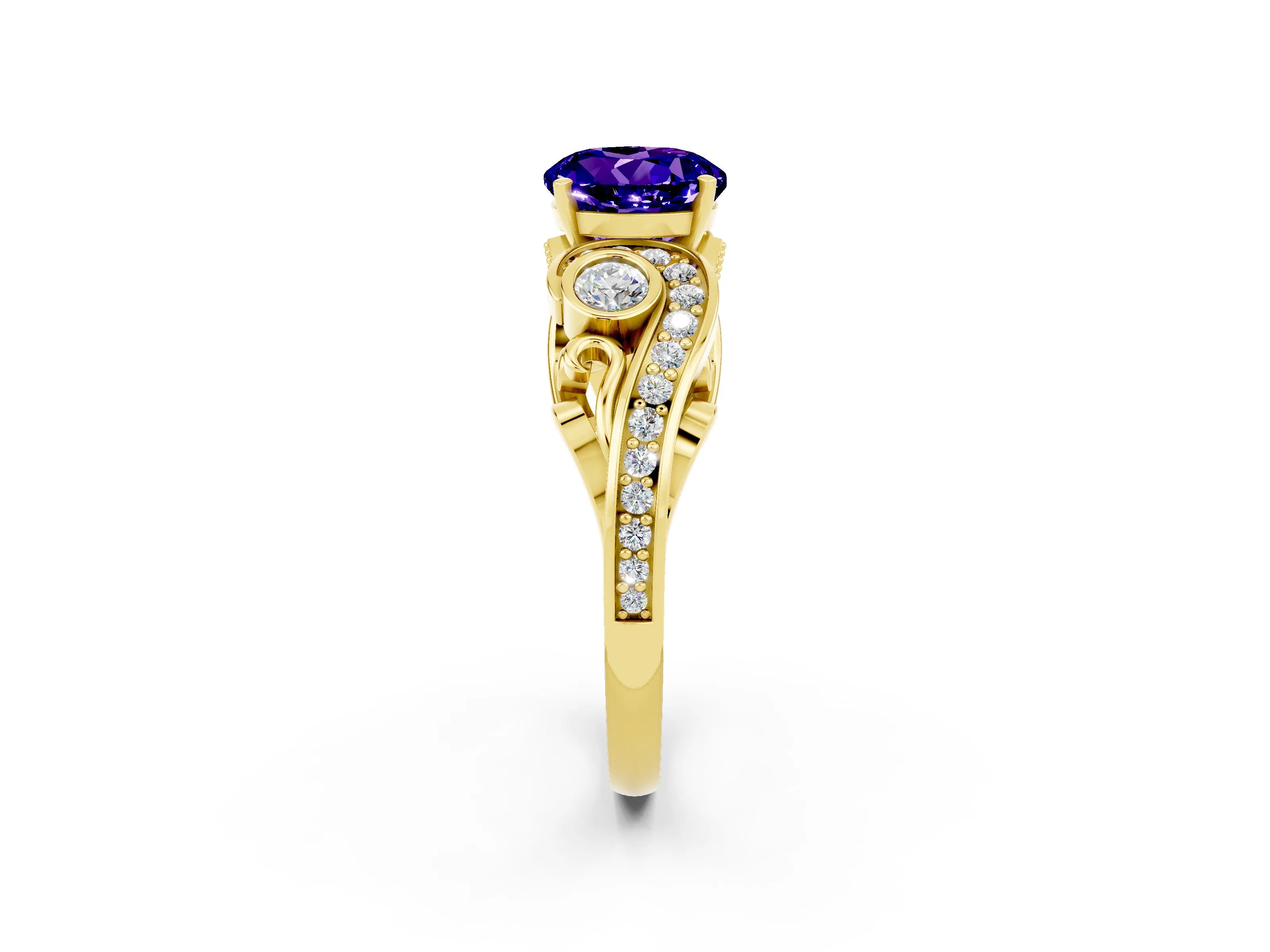 Yellow gold Round Cut Tanzanite Solitaire Ring with Milgrain Pavé Band and Four-Prong Setting_26