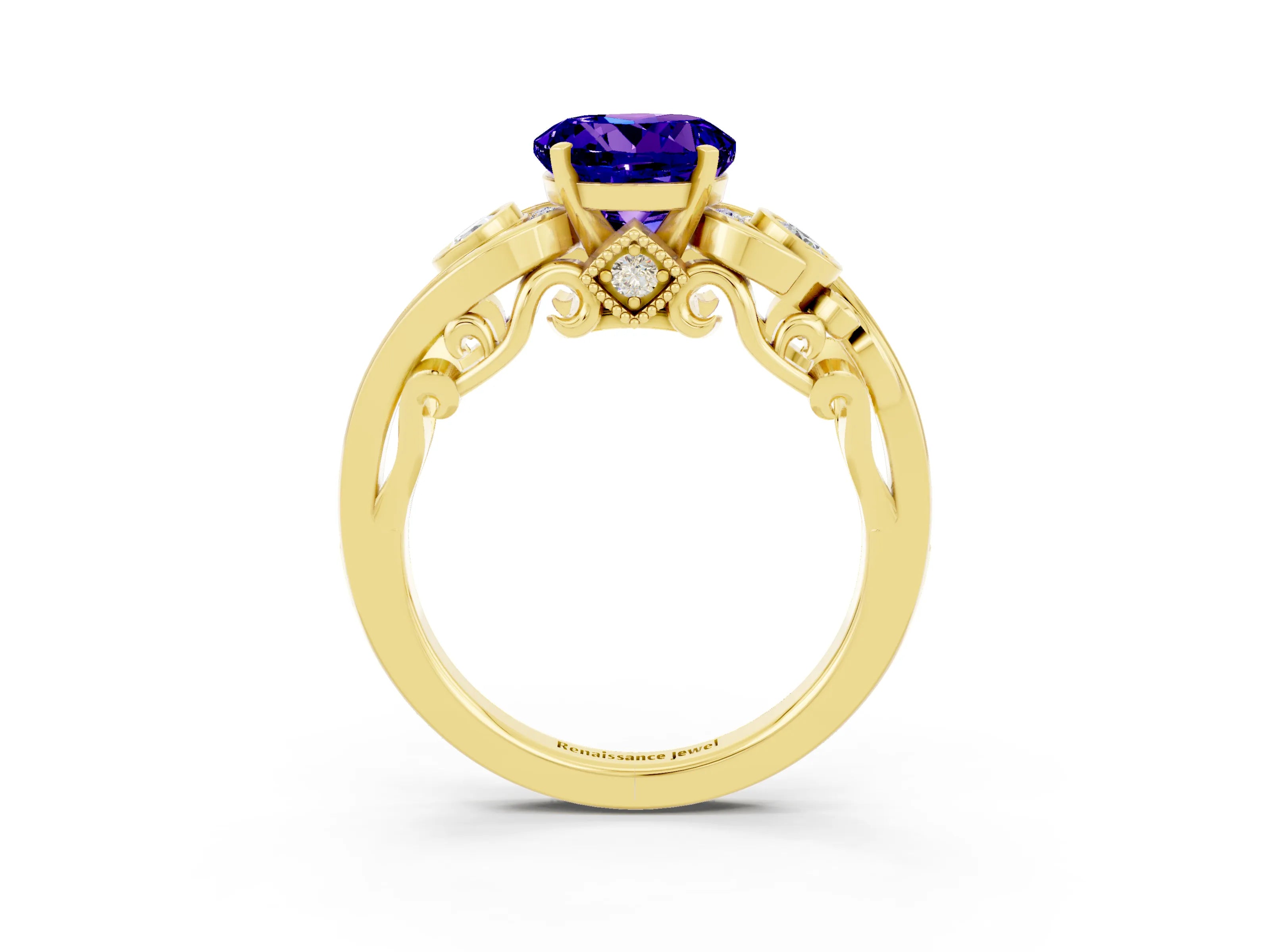 Yellow gold Round Cut Tanzanite Solitaire Ring with Milgrain Pavé Band and Four-Prong Setting_27