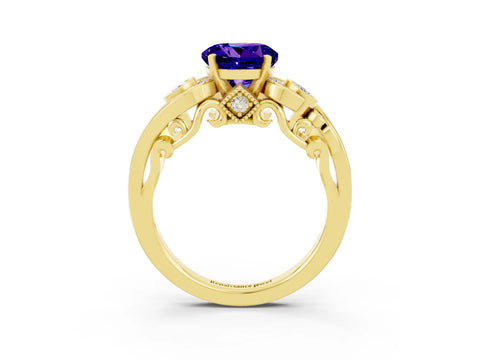 Yellow gold Round Cut Tanzanite Solitaire Ring with Milgrain Pavé Band and Four-Prong Setting_27