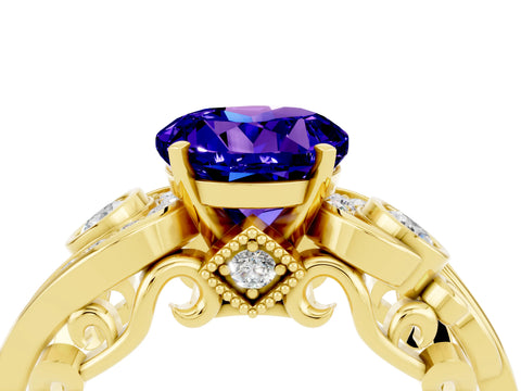 Yellow gold Round Cut Tanzanite Solitaire Ring with Milgrain Pavé Band and Four-Prong Setting_28