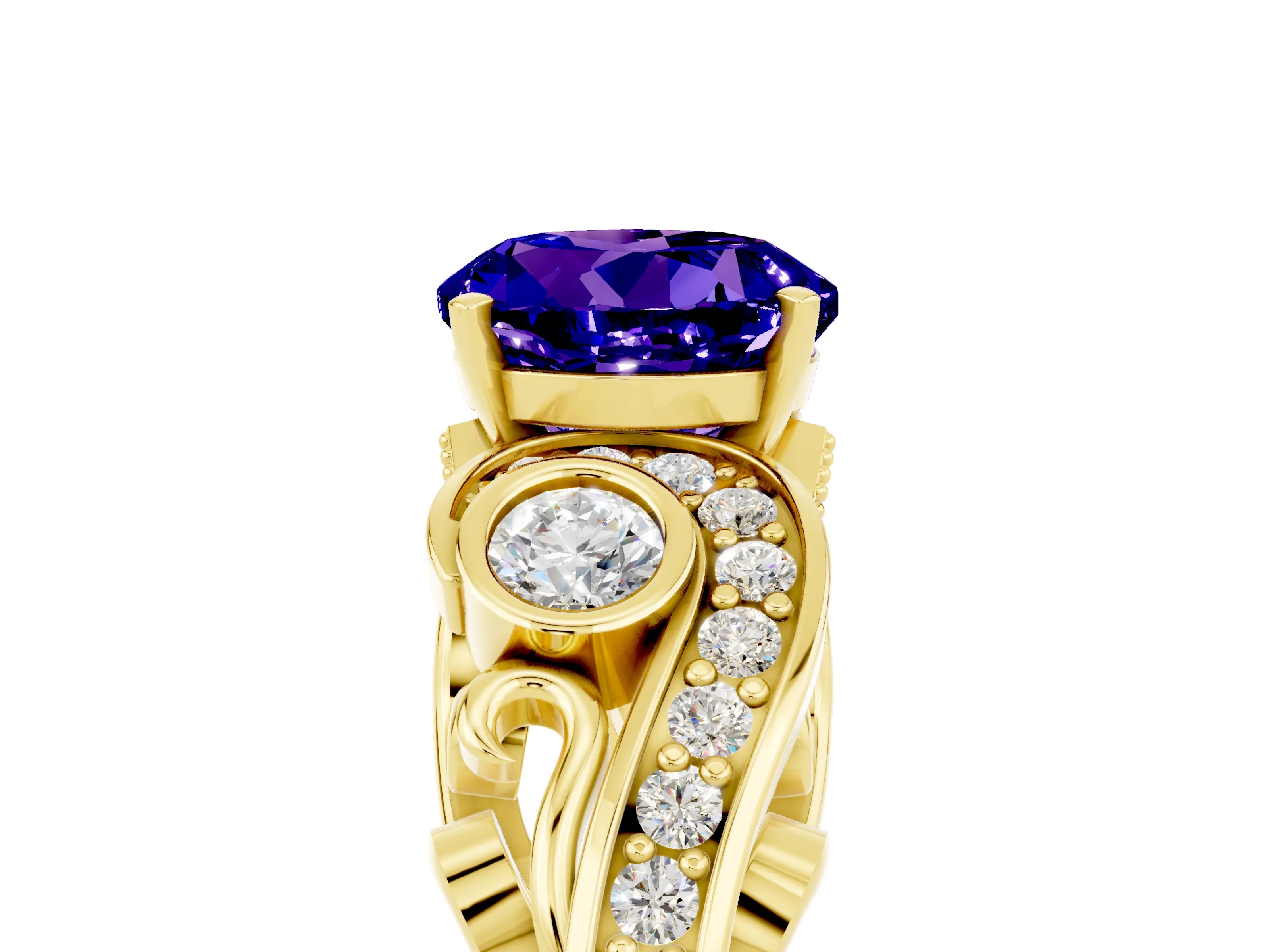 Yellow gold Round Cut Tanzanite Solitaire Ring with Milgrain Pavé Band and Four-Prong Setting_29