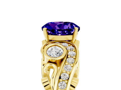 Yellow gold Round Cut Tanzanite Solitaire Ring with Milgrain Pavé Band and Four-Prong Setting_29