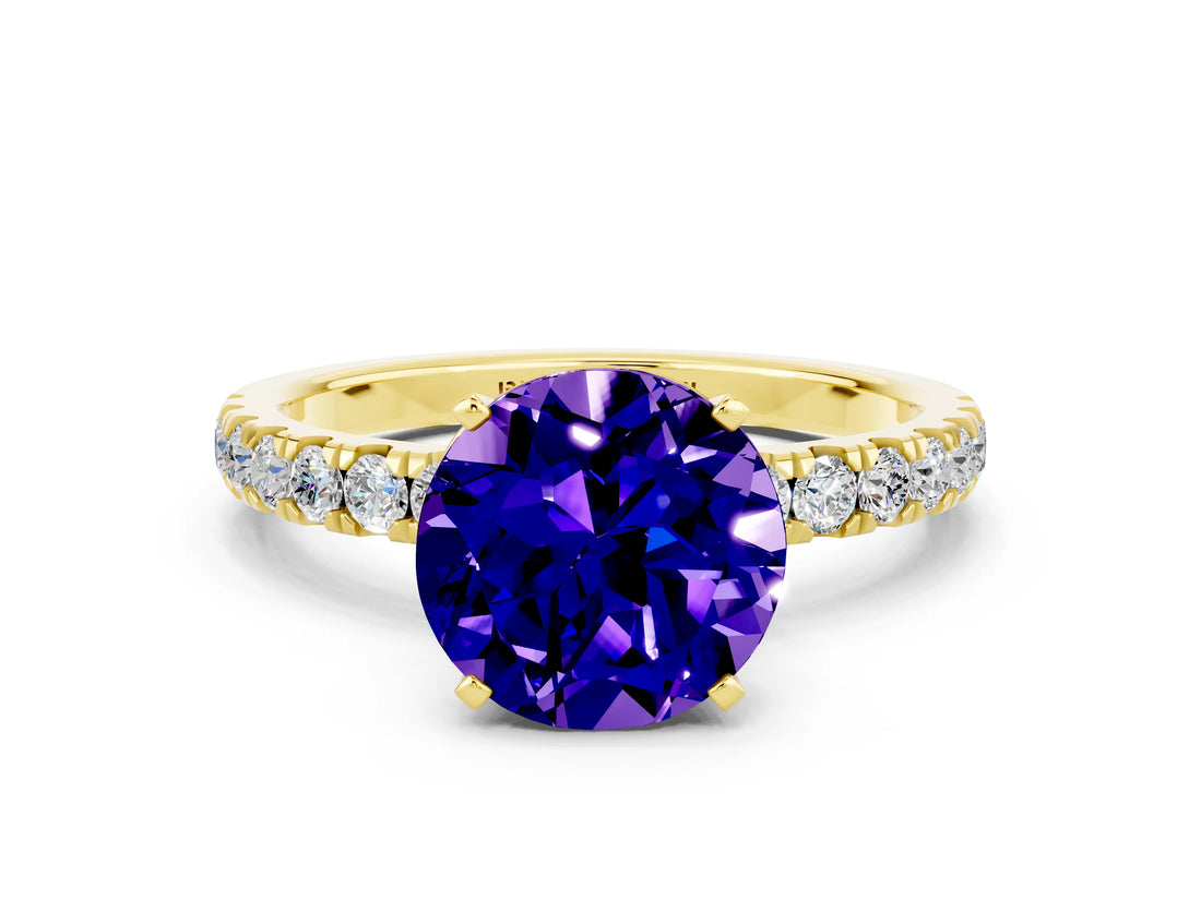 Yellow gold Round Cut Tanzanite Solitaire Ring with Pavé Accents and Four-Prong Setting