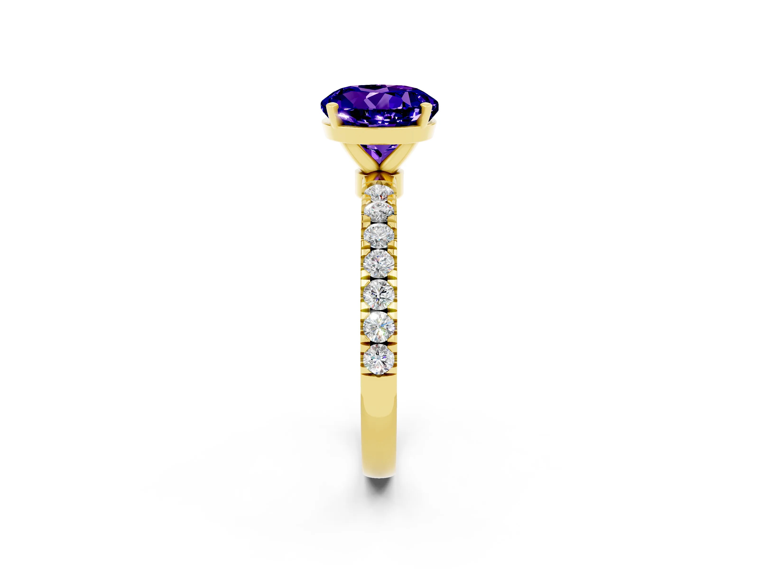 Yellow gold Round Cut Tanzanite Solitaire Ring with Pavé Accents and Four-Prong Setting_2