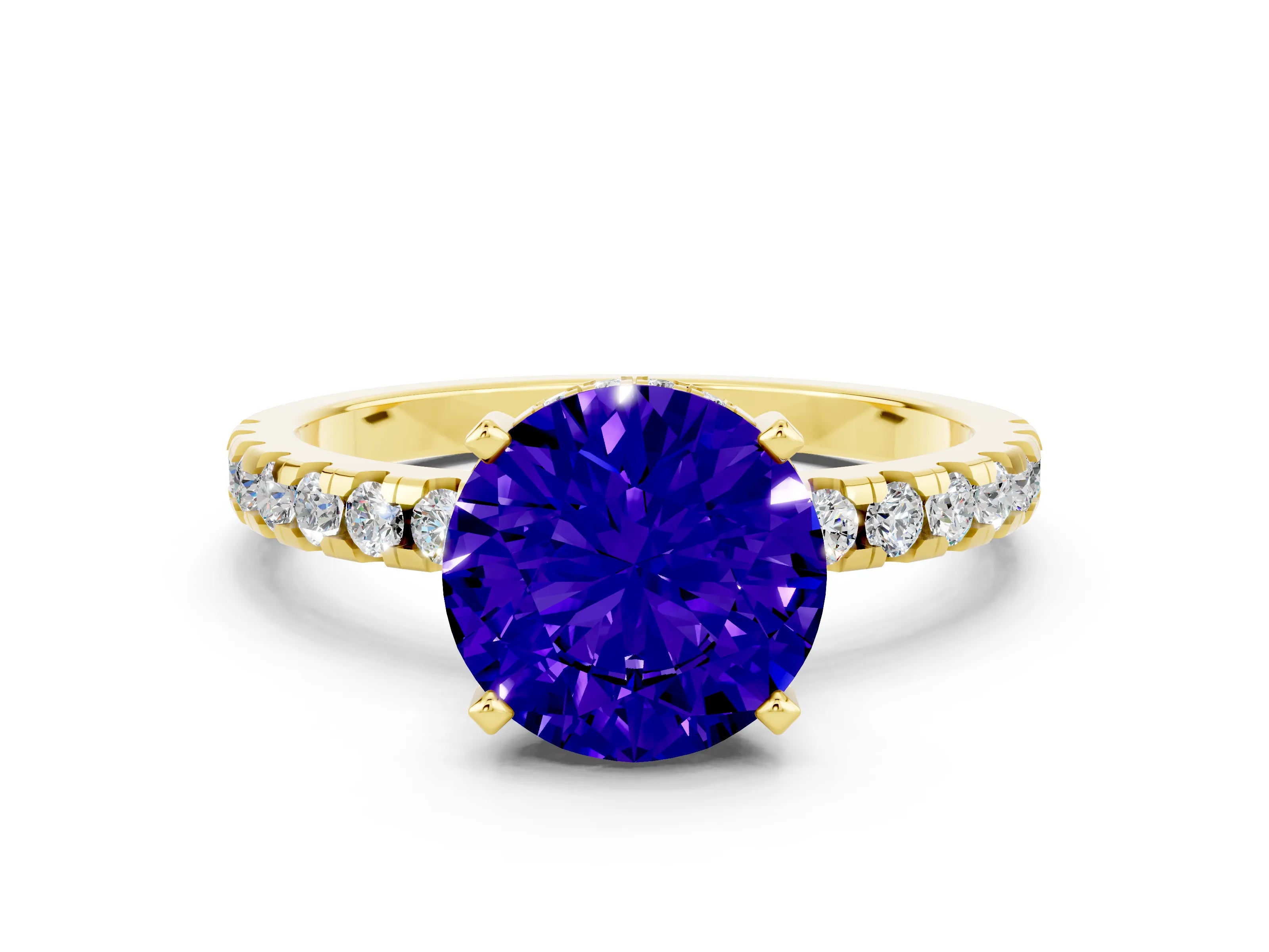 Yellow gold Round Cut Tanzanite Solitaire Ring with Pavé Band and Four-Prong Setting_24