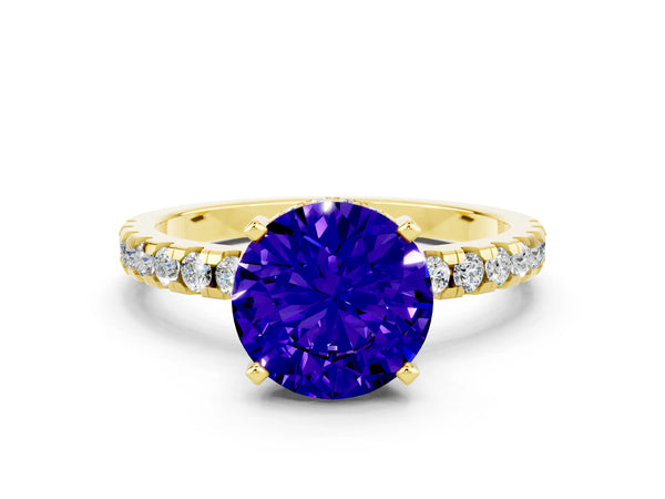 Yellow gold Round Cut Tanzanite Solitaire Ring with Round  Pavé Band and Four-Prong Setting