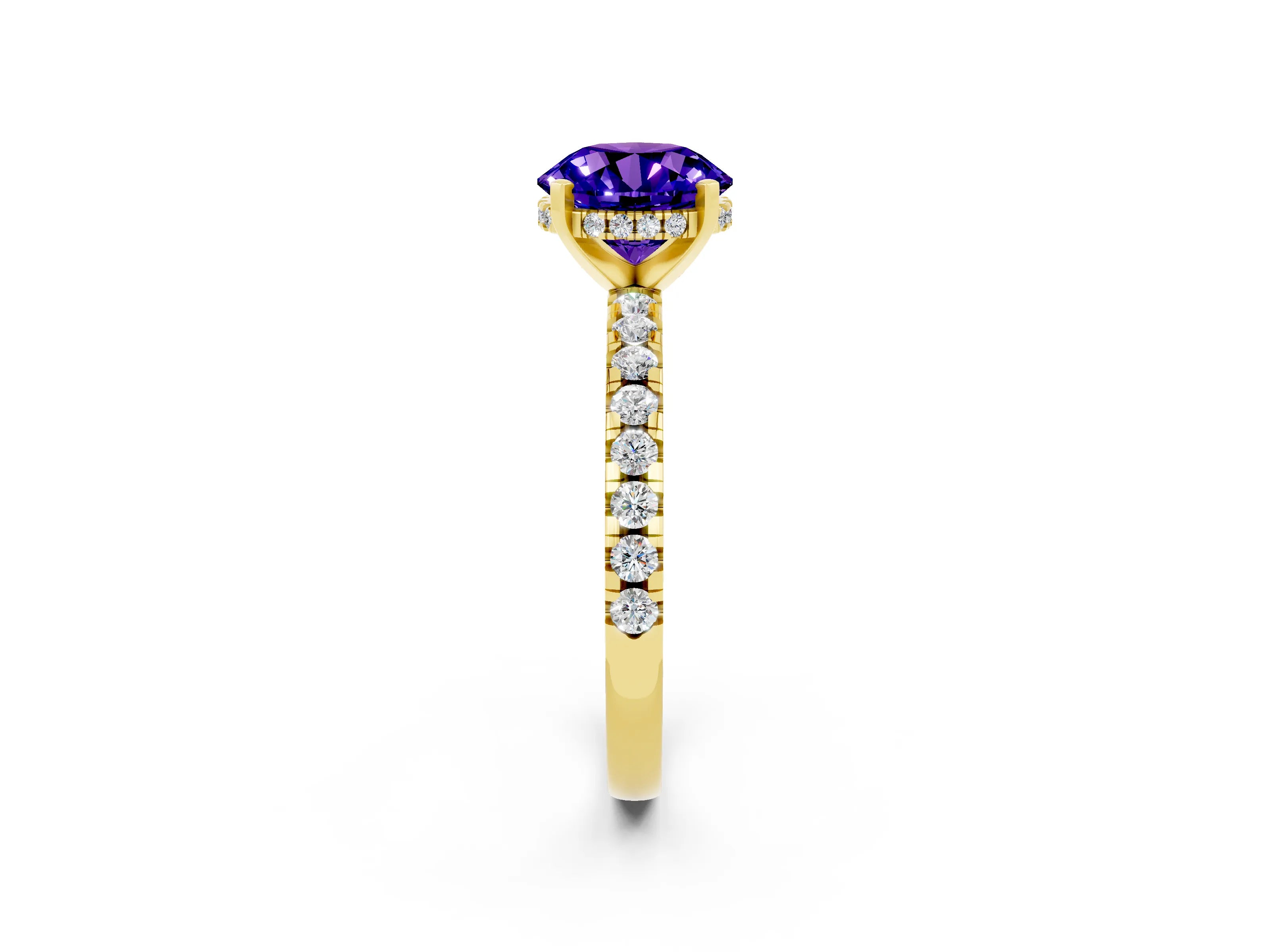 Yellow gold Round Cut Tanzanite Solitaire Ring with Pavé Band and Four-Prong Setting_26