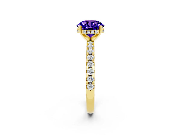 Yellow gold Round Cut Tanzanite Solitaire Ring with Round  Pavé Band and Four-Prong Setting