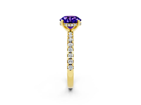 Yellow gold Round Cut Tanzanite Solitaire Ring with Pavé Band and Four-Prong Setting_26