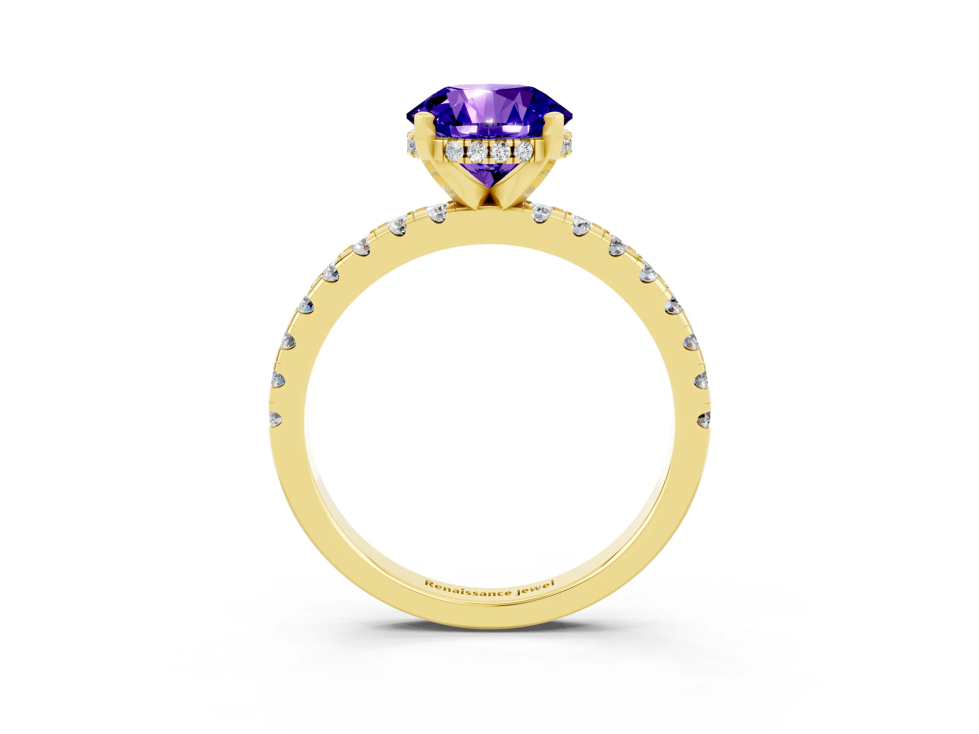 Yellow gold Round Cut Tanzanite Solitaire Ring with Pavé Band and Four-Prong Setting_27