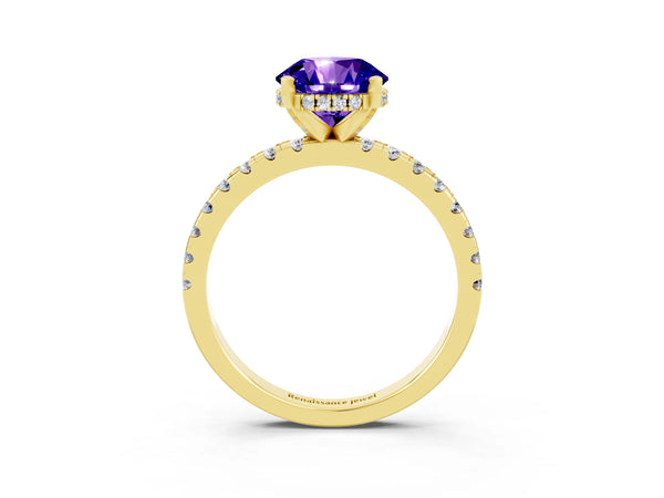 Yellow gold Round Cut Tanzanite Solitaire Ring with Round  Pavé Band and Four-Prong Setting