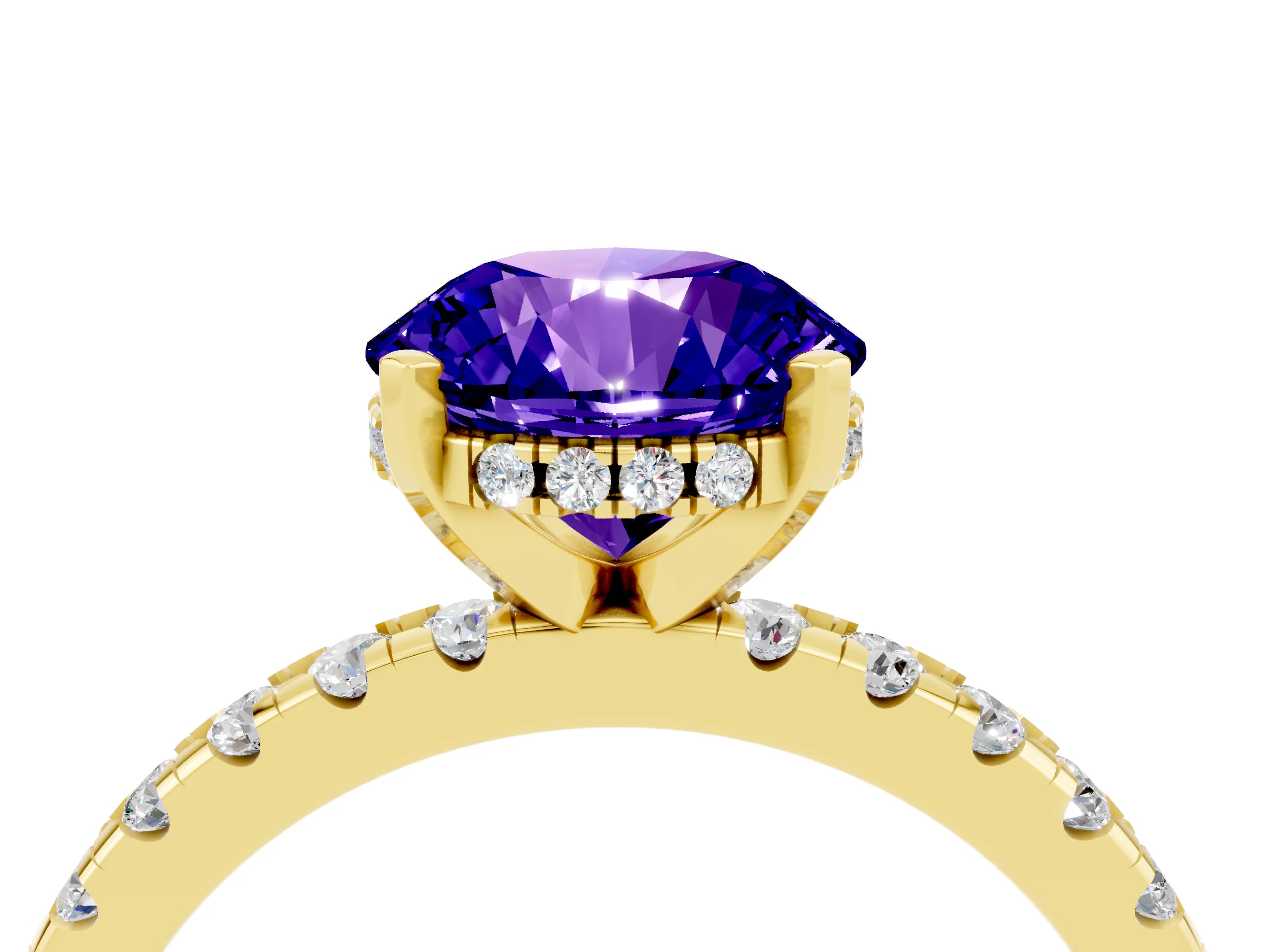 Yellow gold Round Cut Tanzanite Solitaire Ring with Pavé Band and Four-Prong Setting_28