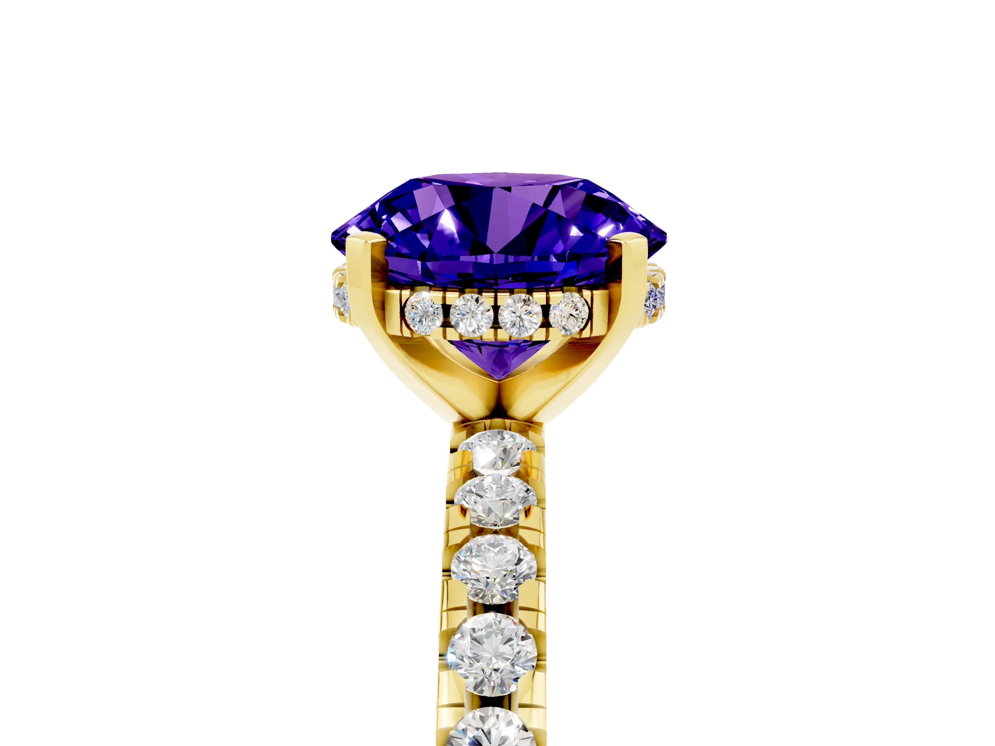 Yellow gold Round Cut Tanzanite Solitaire Ring with Pavé Band and Four-Prong Setting_29