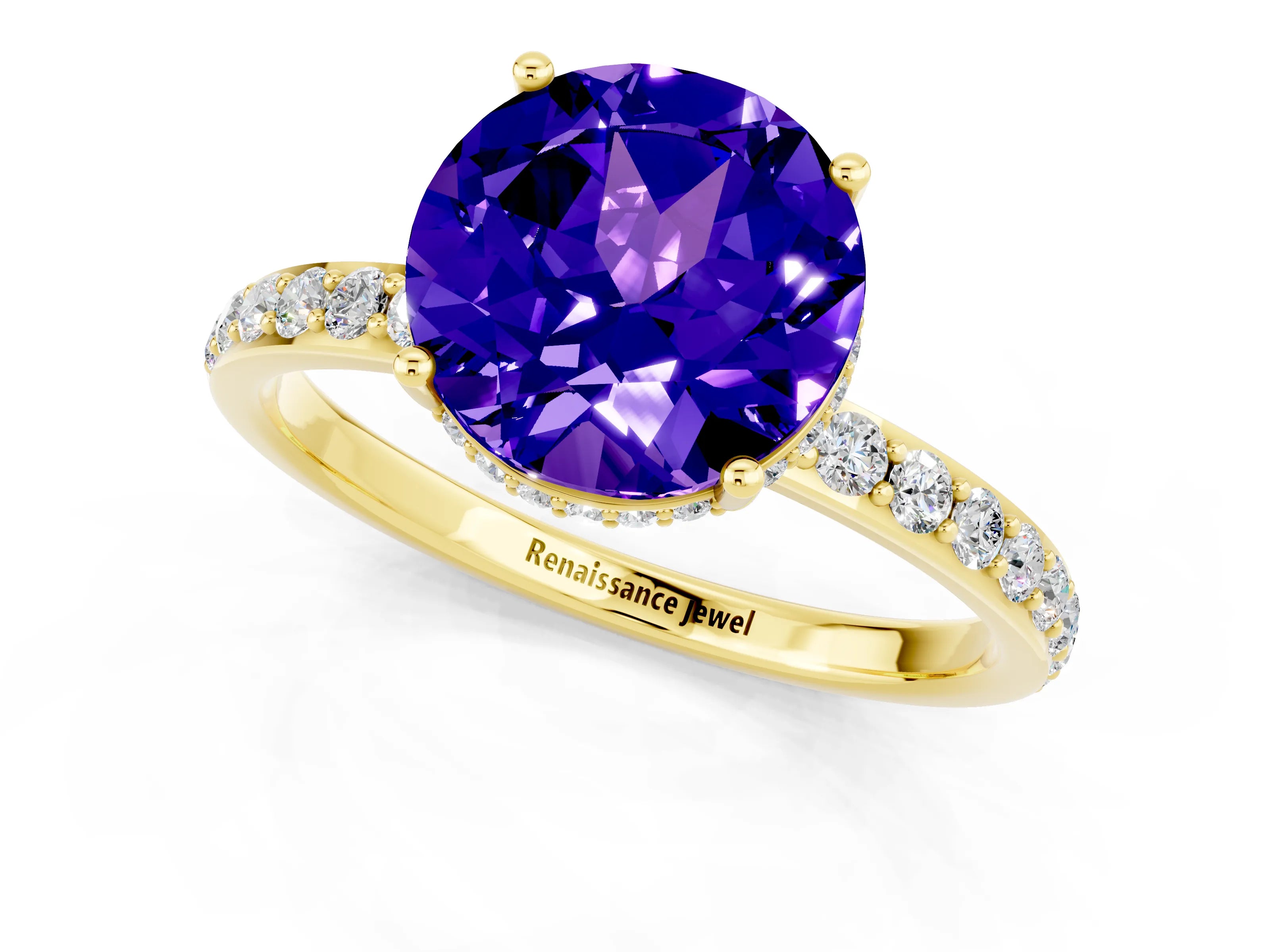 Yellow gold Round Cut Tanzanite Solitaire Ring with Pavé Band and Hidden Halo_13