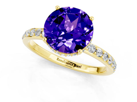 Yellow gold Round Cut Tanzanite Solitaire Ring with Pavé Band and Hidden Halo_13
